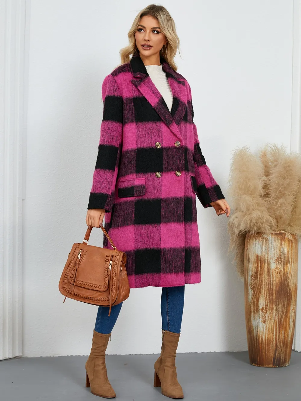 Plaid Double-Breasted Long Sleeve Coat, image 9