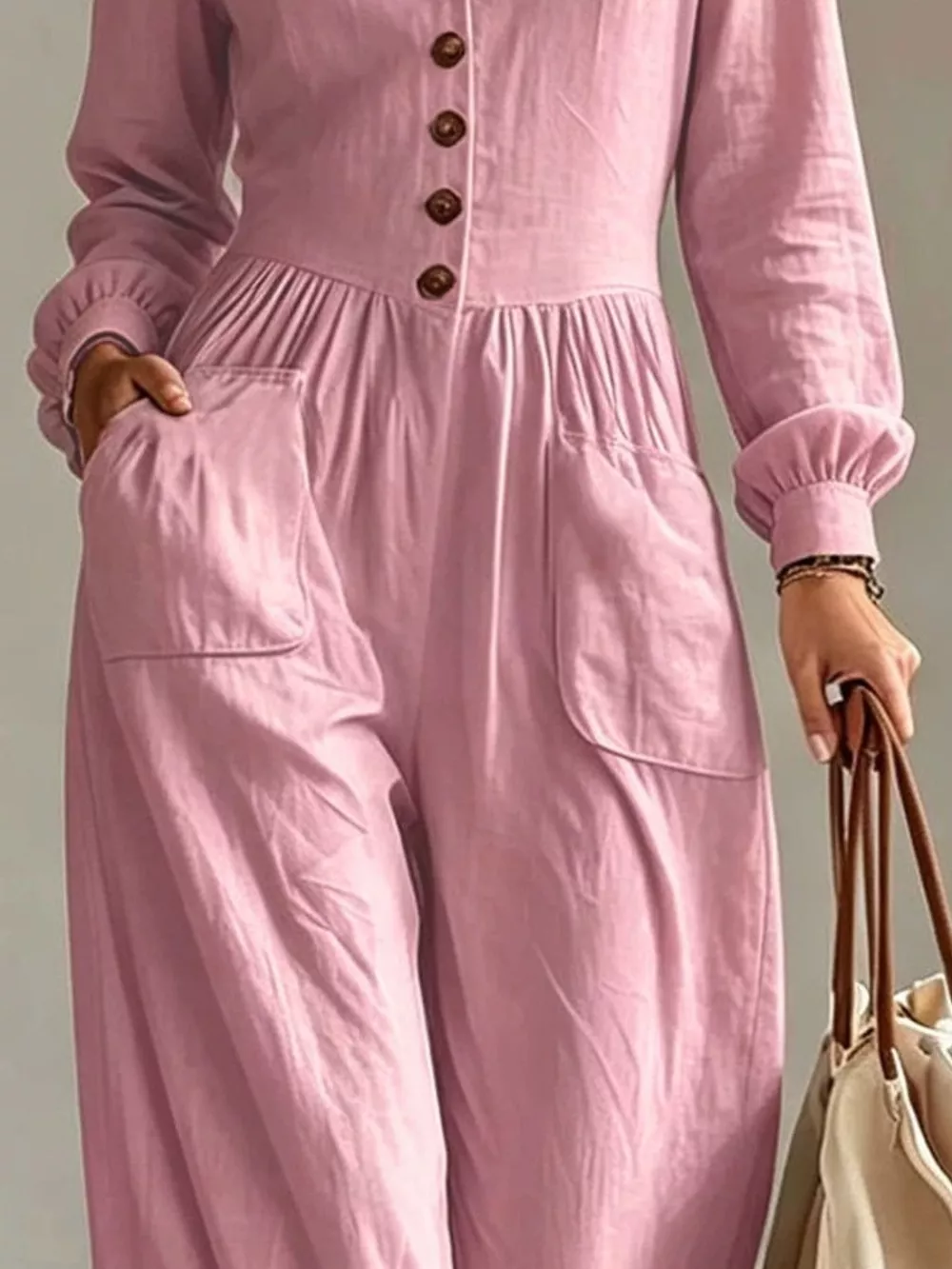 V-Neck Long Sleeve Button Front Wide-Leg Jumpsuit, image 10