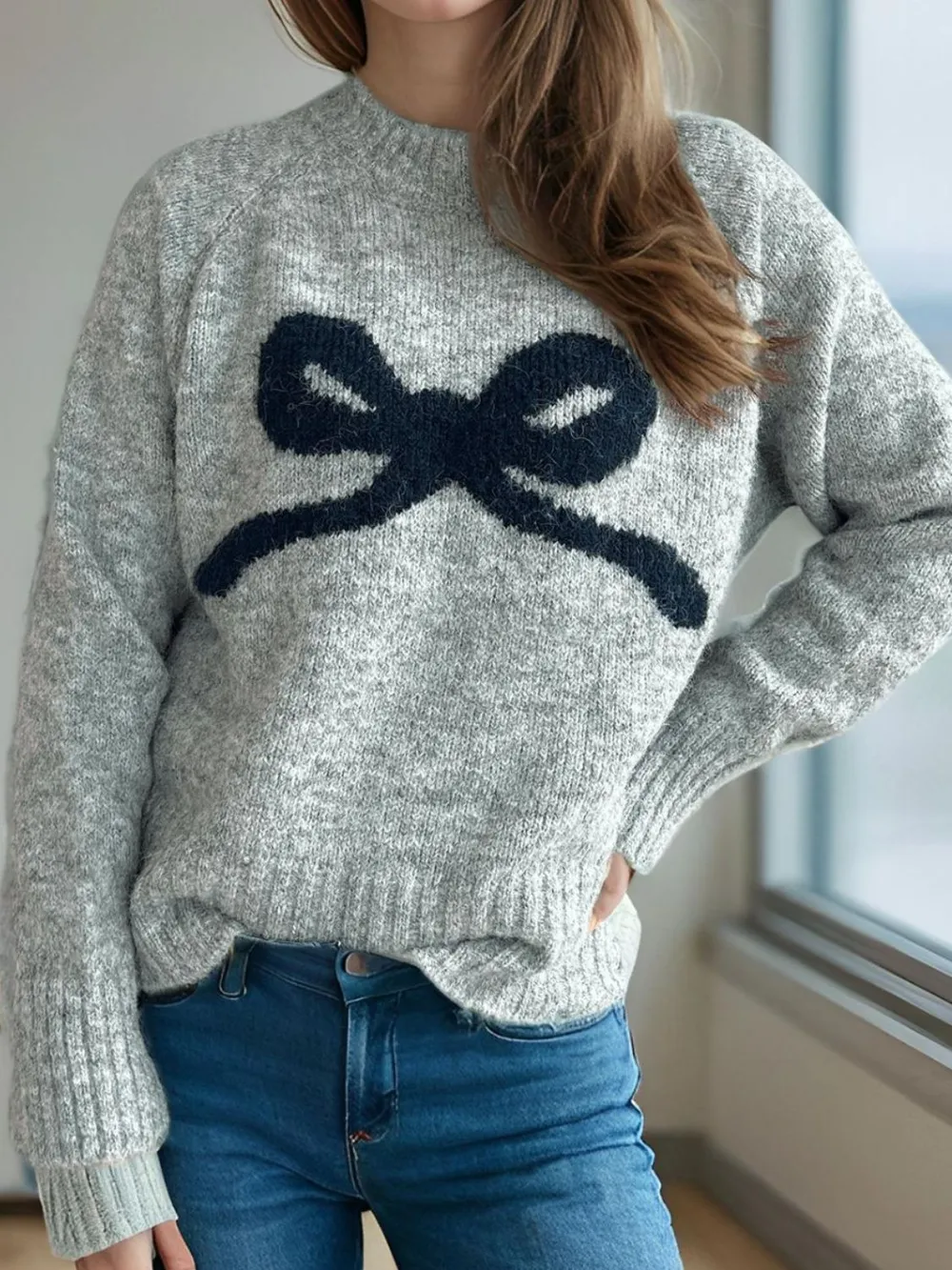 Bow Round Neck Long Sleeve Sweater, image 6