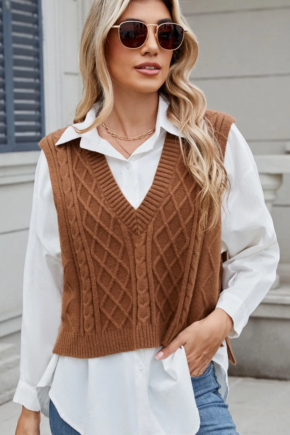 Cable-Knit V-Neck Sweater Vest, image 11