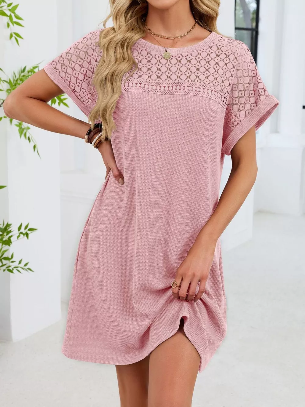 Lace Round Neck Short Sleeve T-Shirt Dress, image 30