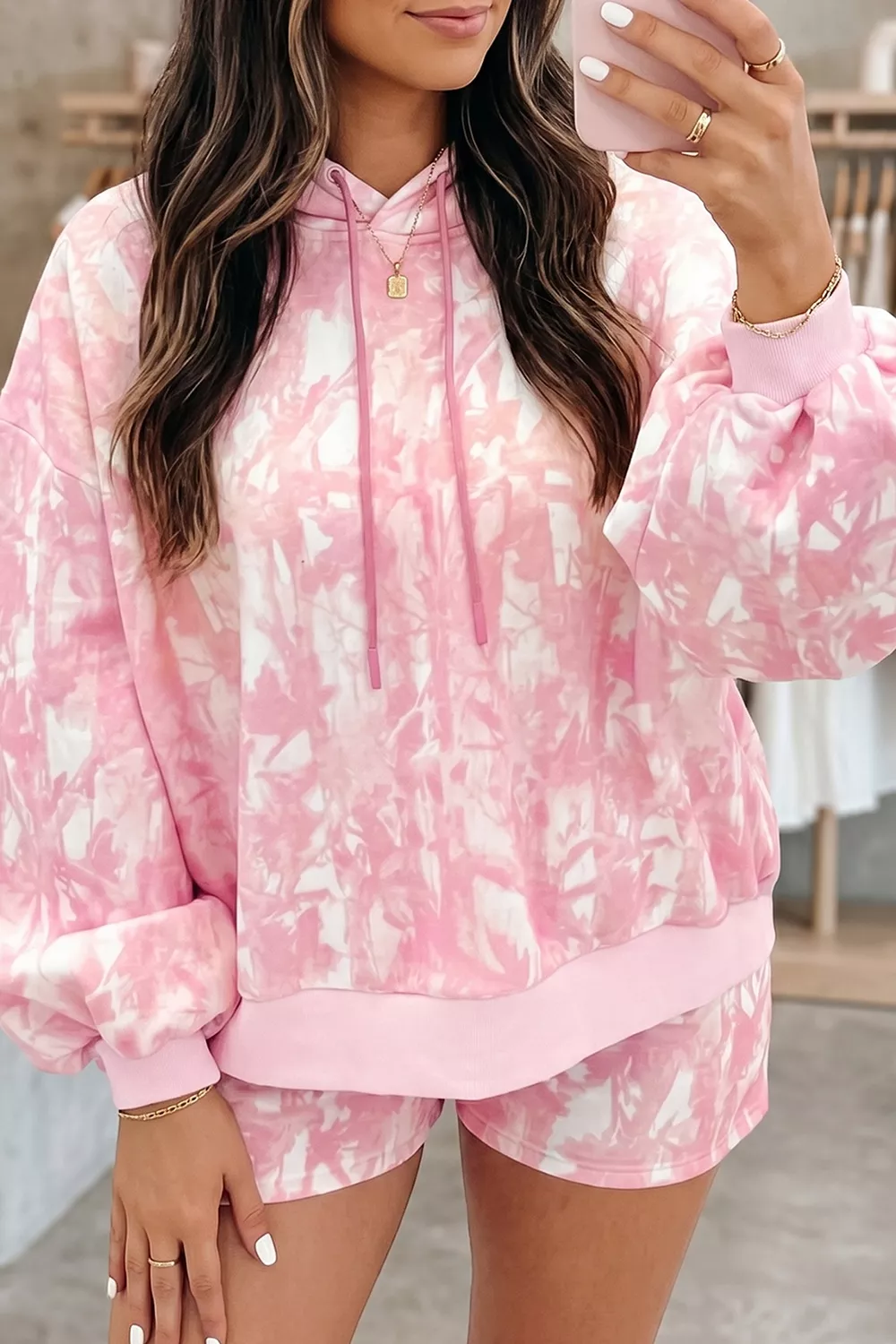 Abstract Print Loose Hoodie Slim Shorts 2pcs Set, image 4