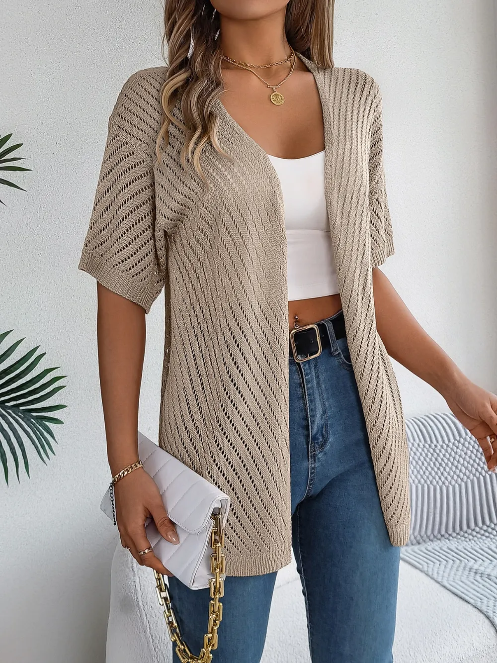 Openwork Open Front Half Sleeve Cardigan