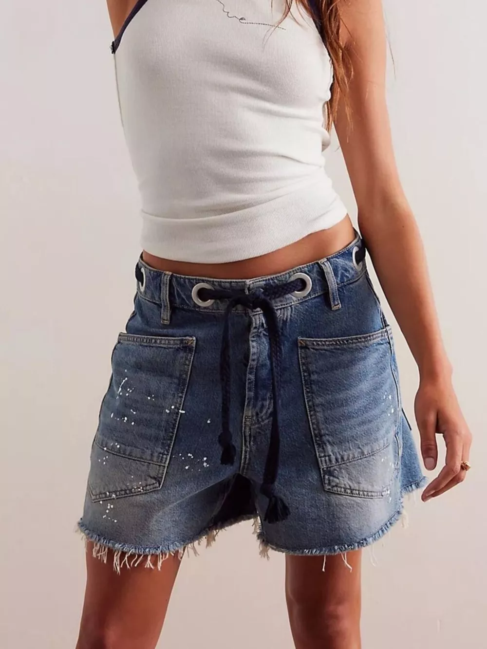 Drawstring Raw Hem Denim Shorts, image 4