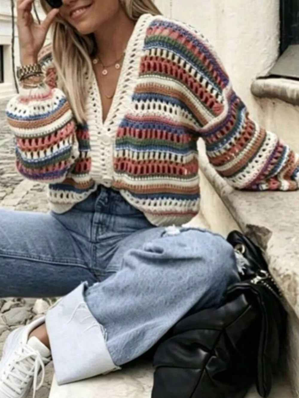 Striped Crochet Knit Cardigan, image 2