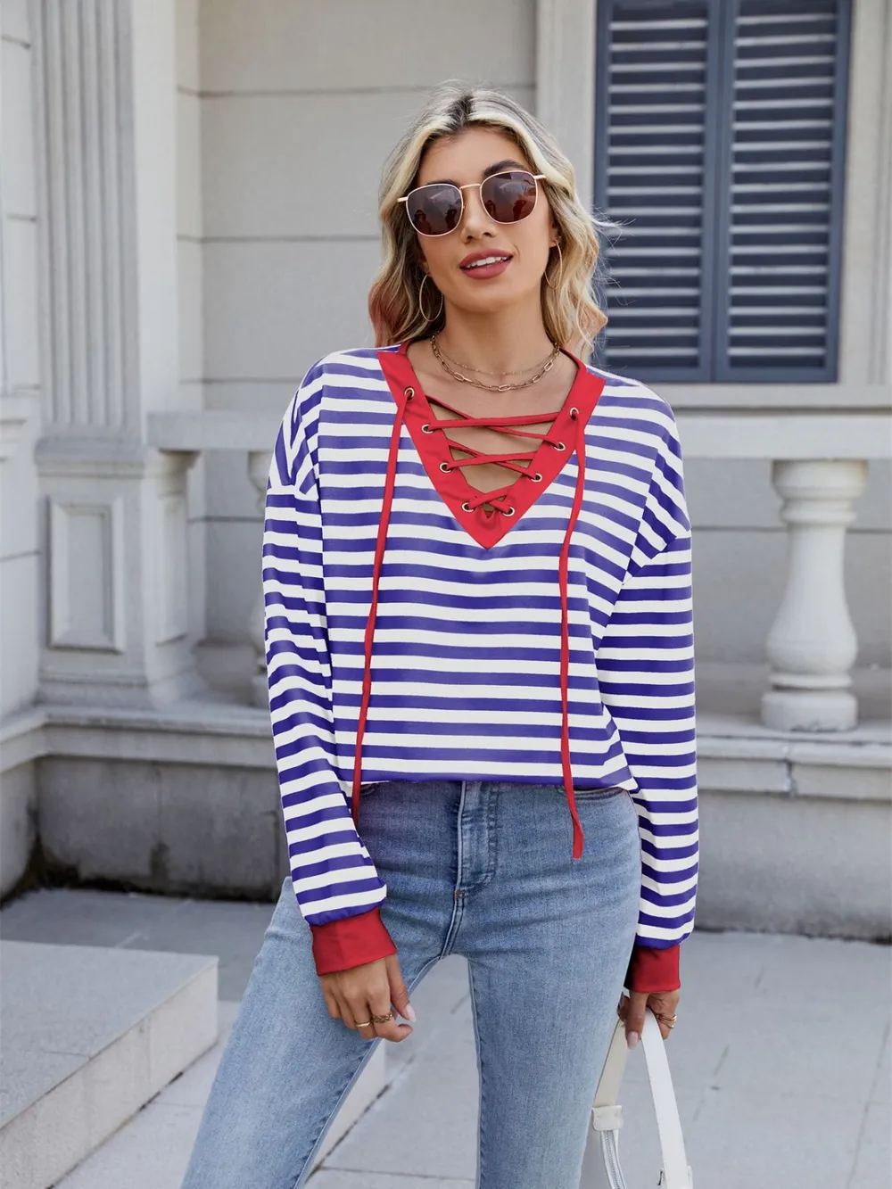 Lace-Up Striped Long Sleeve T-Shirt, image 24