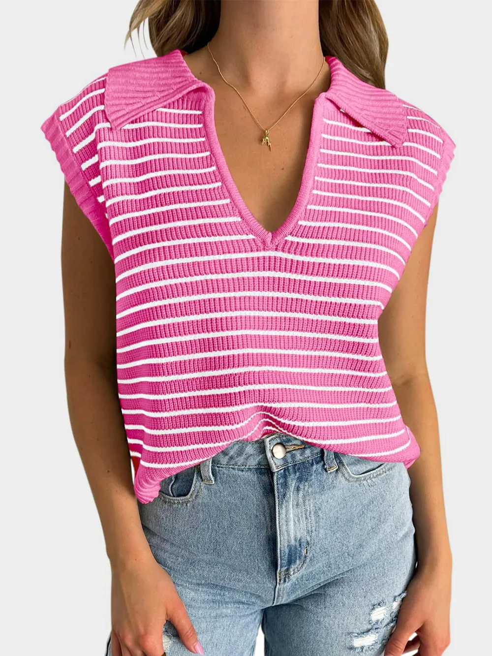 Collared Neck Striped Sweater Vest, image 18
