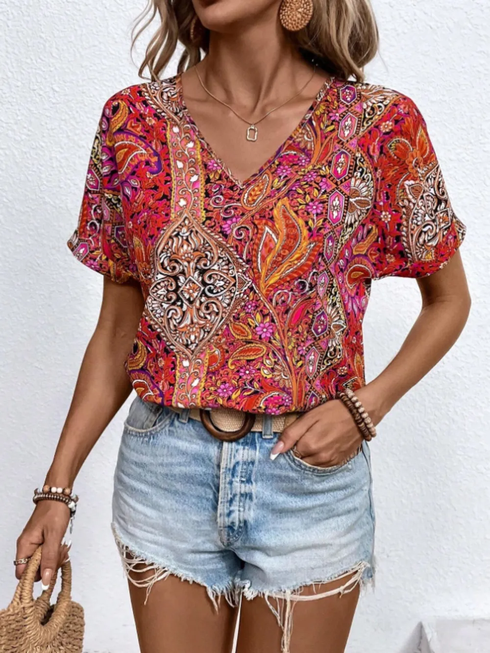 Bohemian Paisley Print V-Neck Short Sleeve T-Shirt, image 12