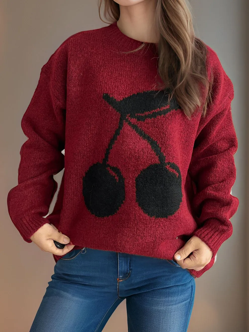 Cherry Round Neck Long Sleeve Sweater, image 12