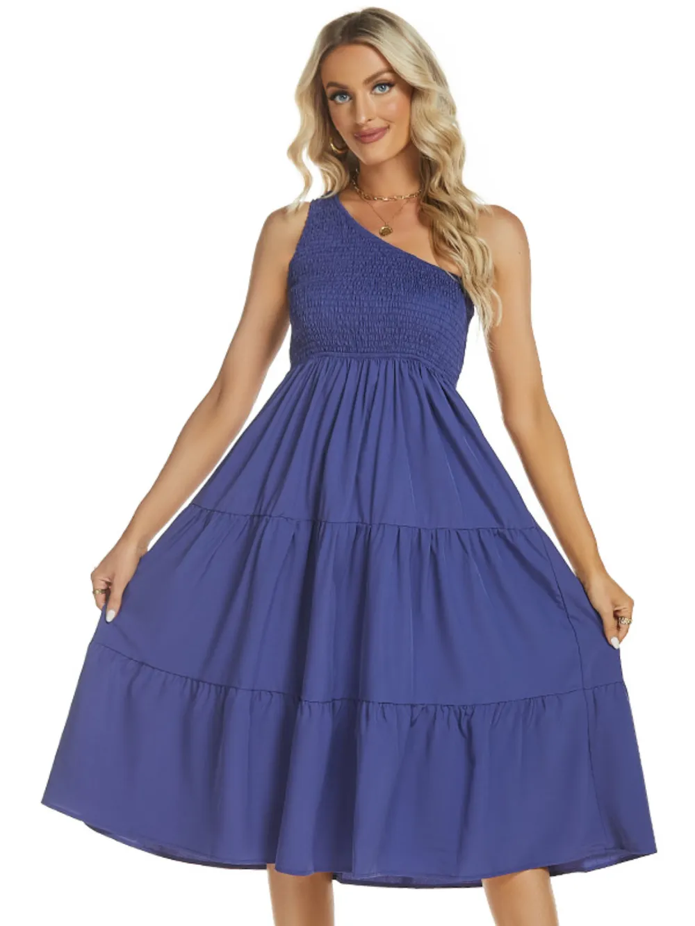 One-Shoulder Tiered Midi Dress with Smocked Bodice, image 5