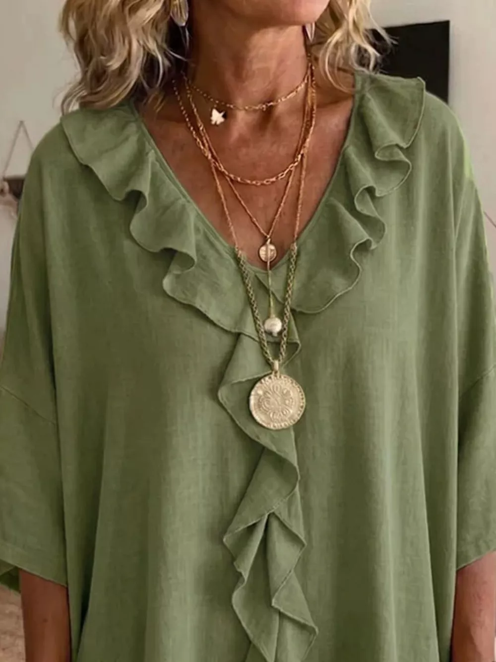Full Size Ruffled V-Neck 3/4 Sleeve Blouse Plus Size, image 5