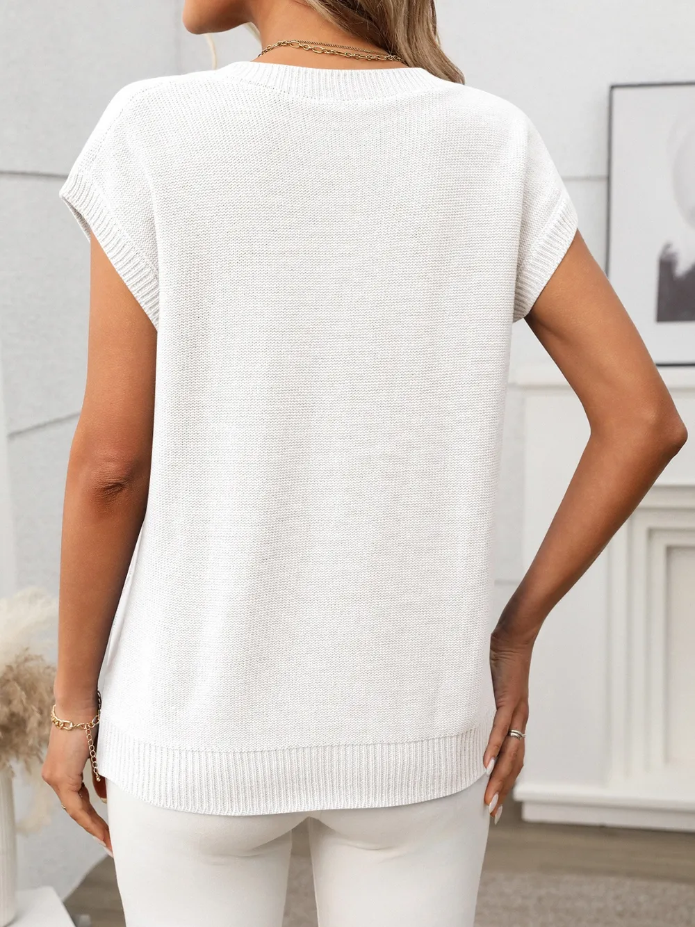 Cable-Knit V-Neck Short Sleeve Knit Top, image 18