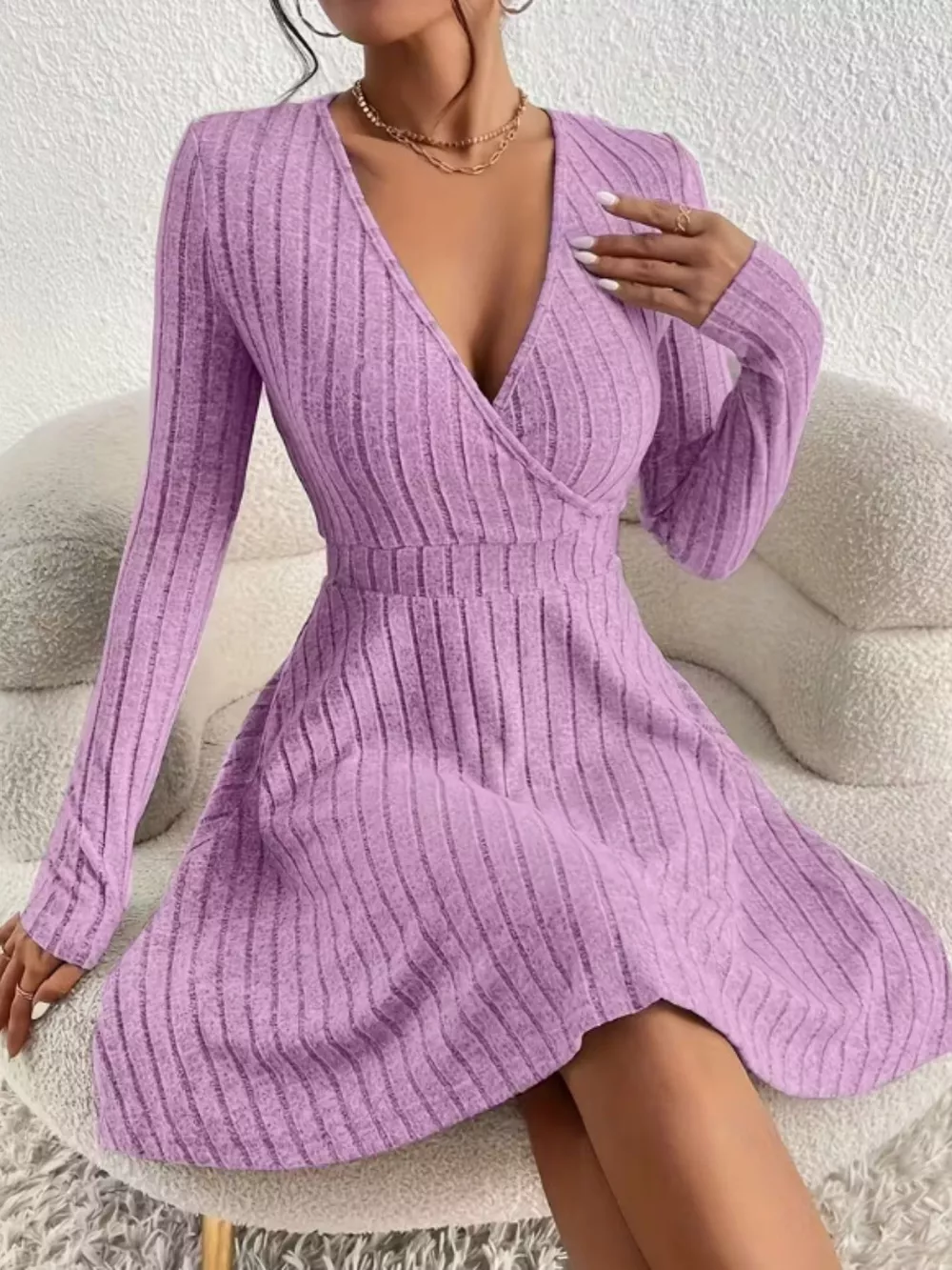 Ribbed Knit Wrap Mini Dress, image 27