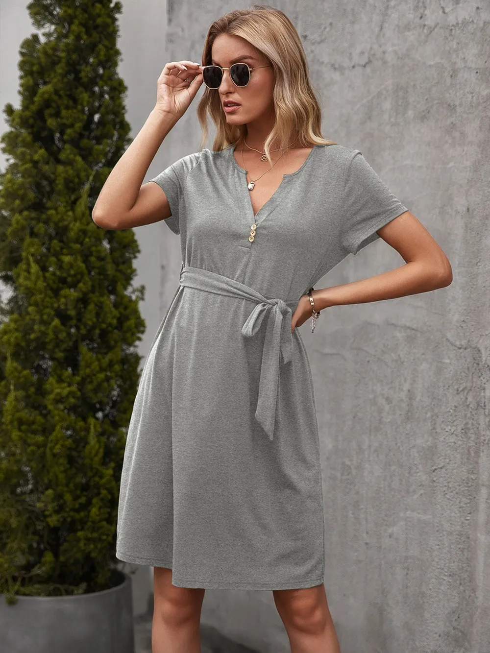 Tied Notched Short Sleeve Dress, image 9