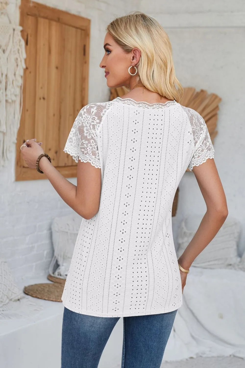 Eyelet V-Neck Lace Short Sleeve T-Shirt, image 34