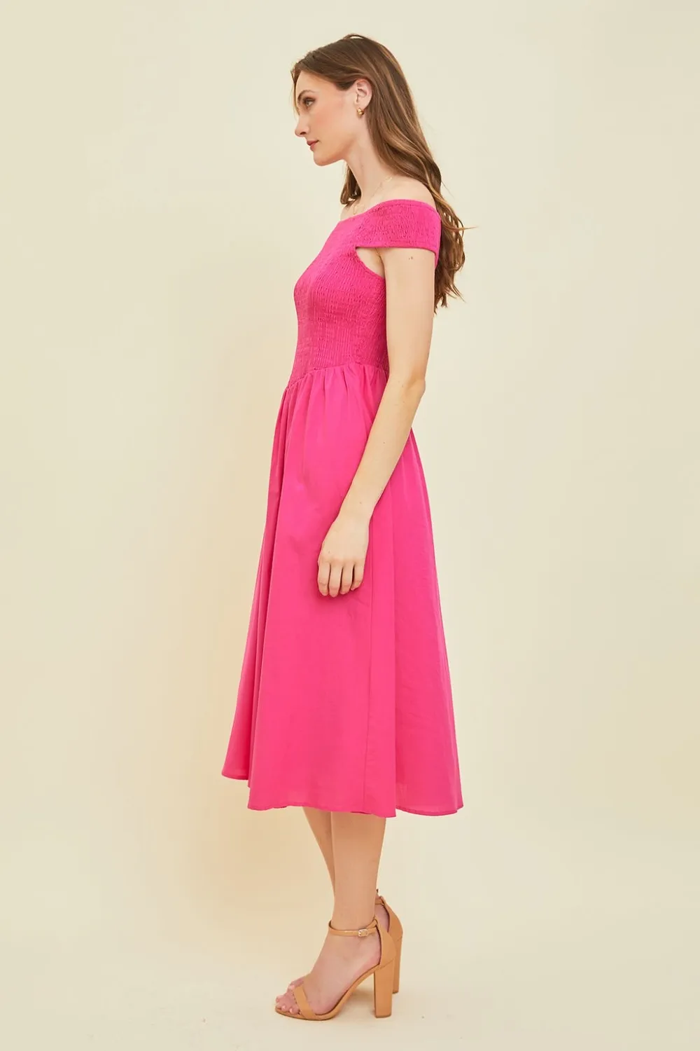 Off-Shoulder Smocked Midi Dress, image 3
