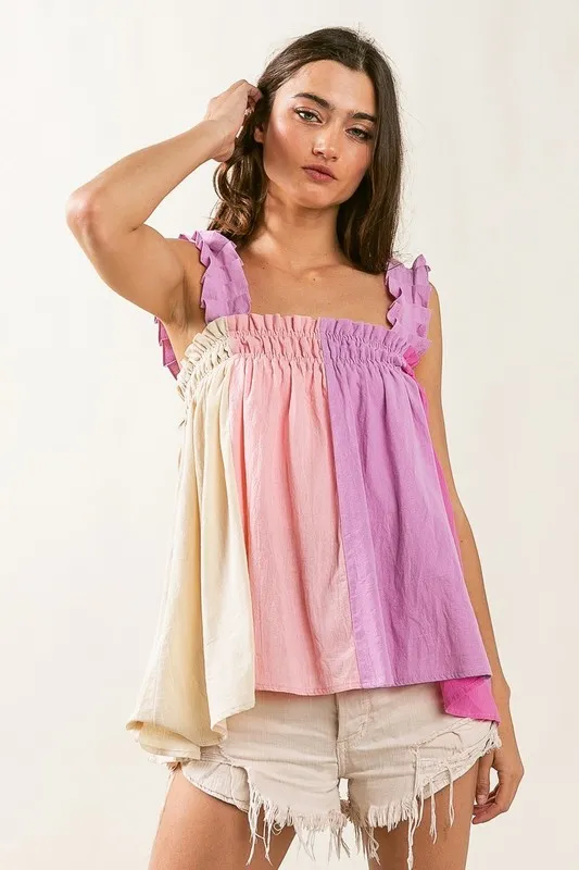 Frill Shoulder Strap Color Block Bodice Top, image 2
