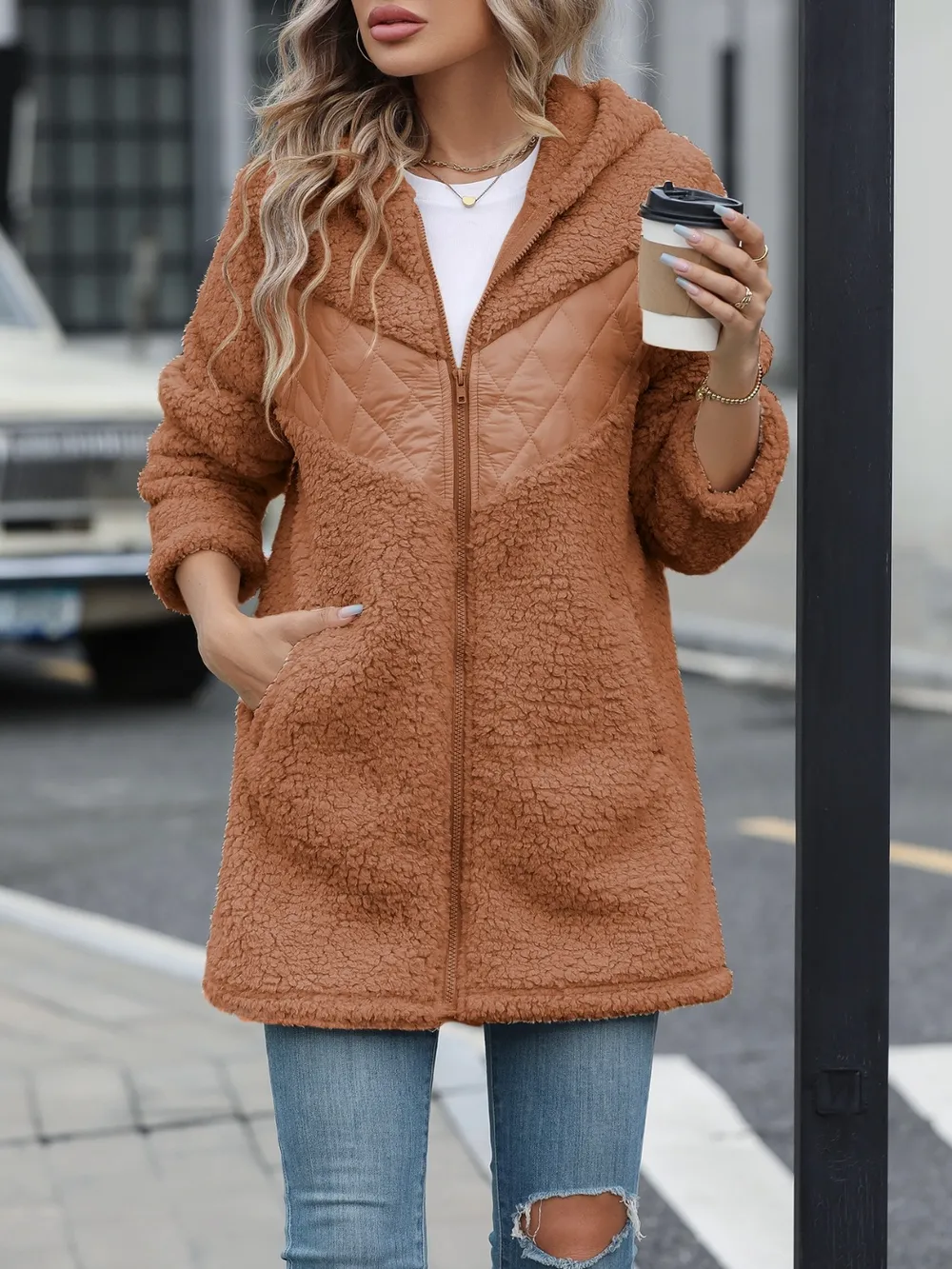 Fuzzy Zip Up Long Sleeve Hooded Jacket, image 7