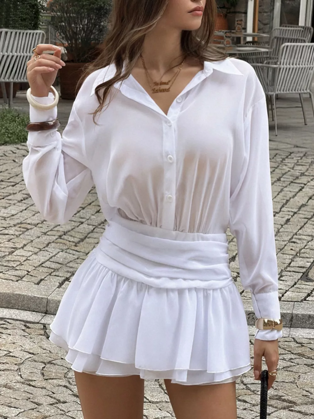 Ruched Waist Layered Ruffle Hem Shirt Dress, image 2