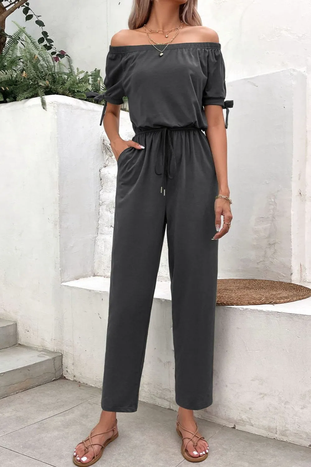 Off-Shoulder Tie Cuff Jumpsuit with Pockets, image 3