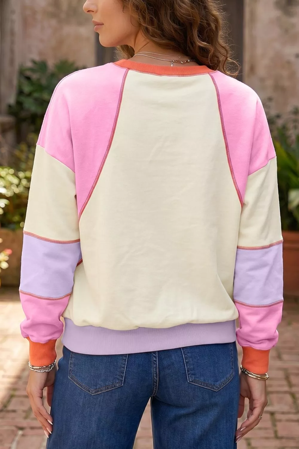 Multicolour Exposed Seam Colorblock Patchwork Long Sleeve Top, image 2