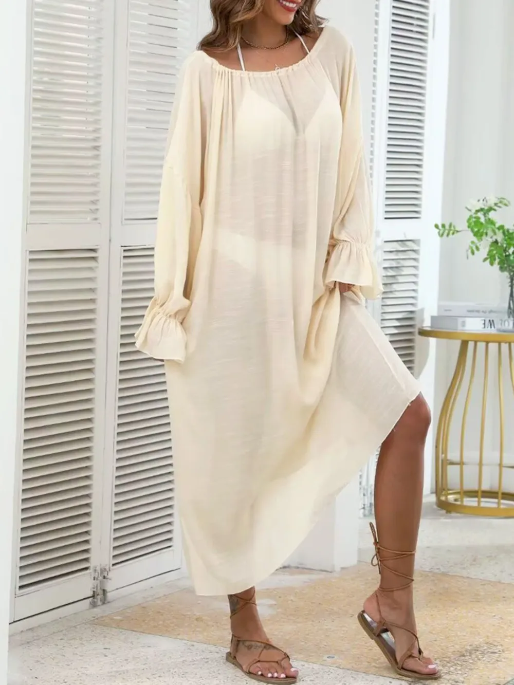 Backless Drawstring Back Flounce Sleeve Cover-Up, image 10