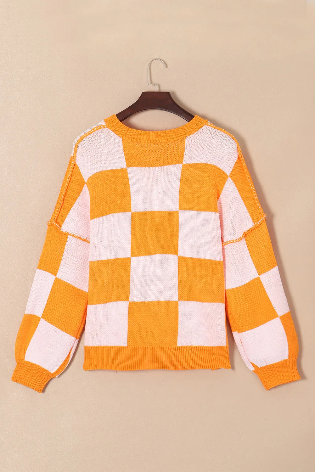 Pumpkin Checkered Round Neck Long Sleeve Sweater, image 3