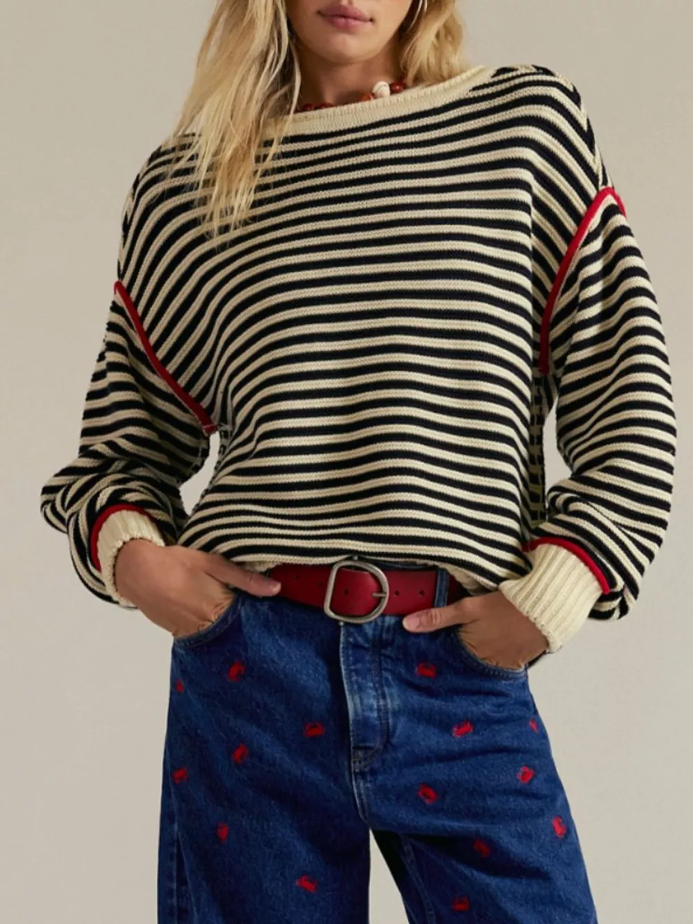 Striped Round Neck Long Sleeve Sweater, image 15