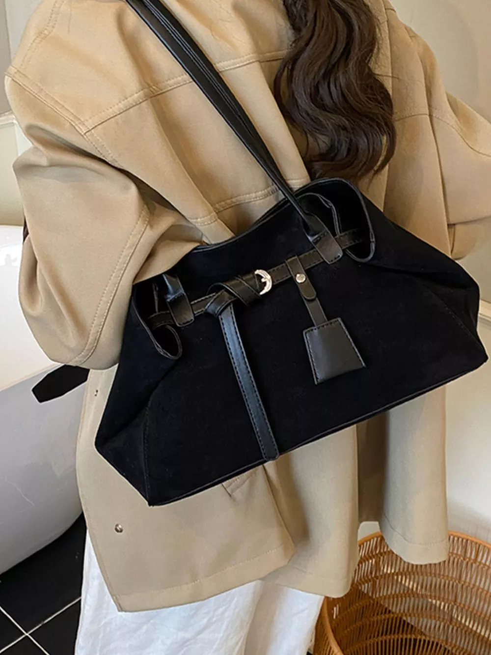 Suede Decorative Belt Buckle Shoulder Bag, image 3