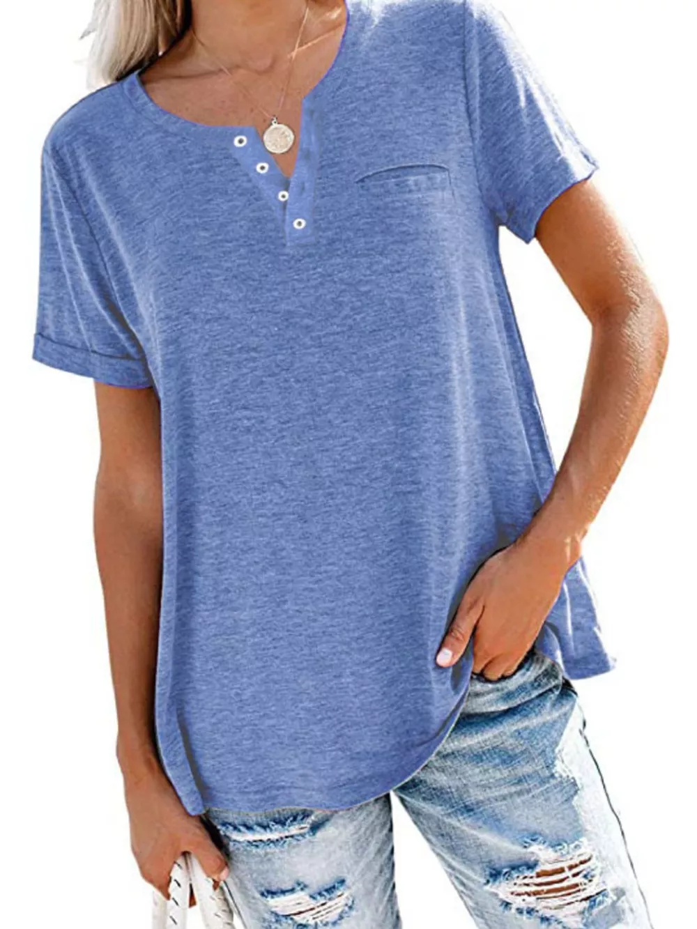 Full Size Casual Button-Front Pocket T-Shirt Plus Size, image 13