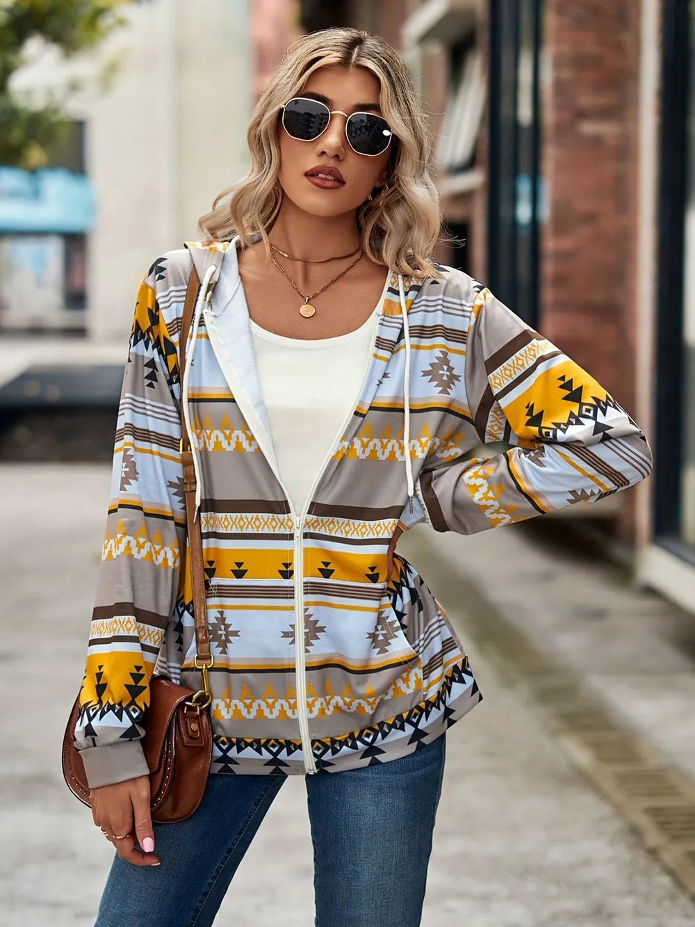 Geometric Zip Up Long Sleeve Hooded Jacket, image 18
