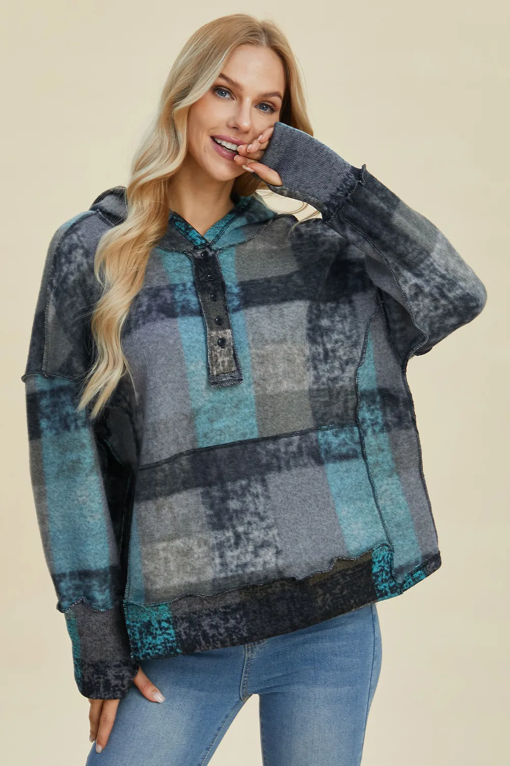 Full Size Plaid Dropped Shoulder Fleece Hoodie, image 22