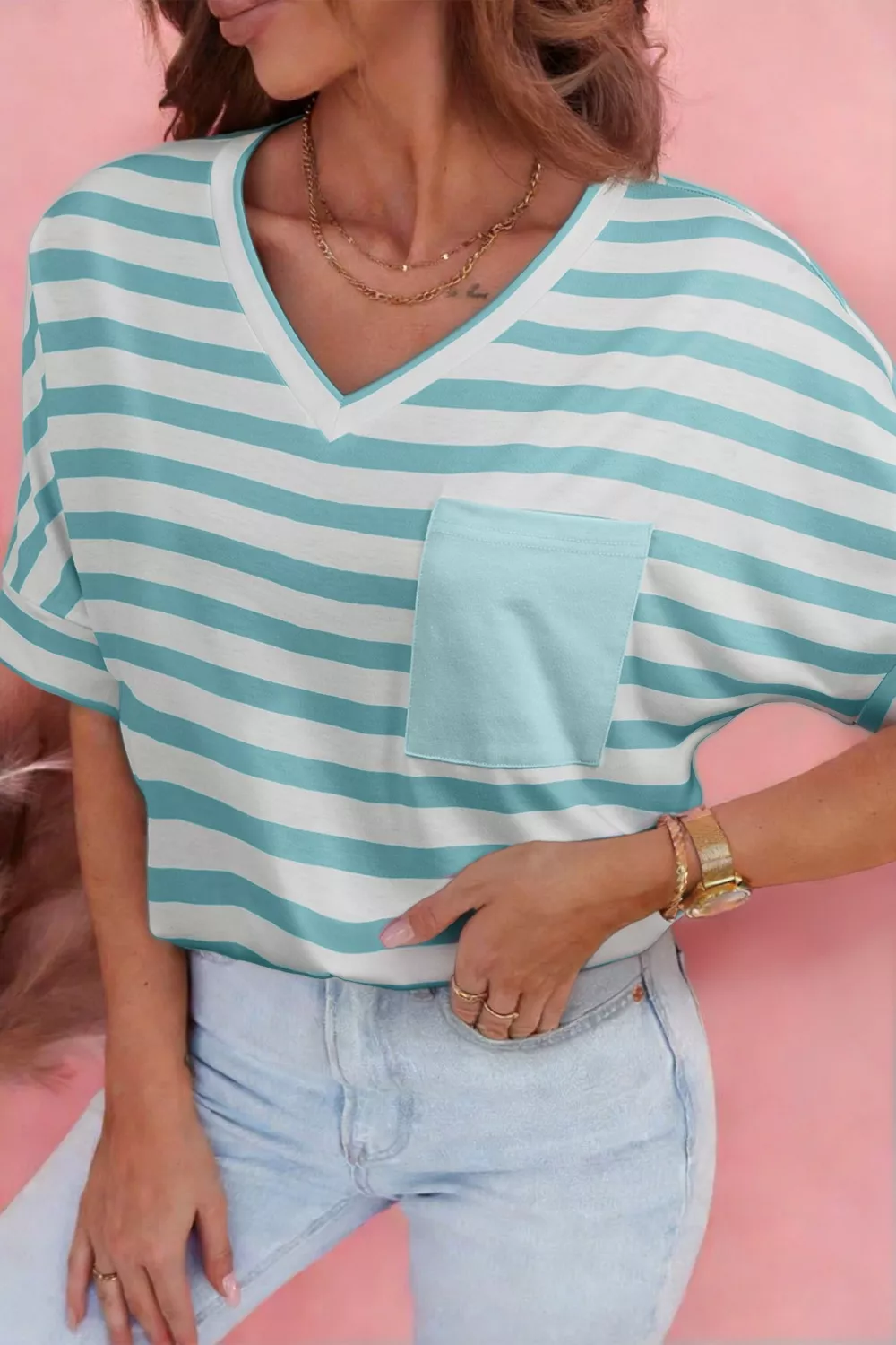 Stripe V Neck Patched Pocket Casual T Shirt, image 15