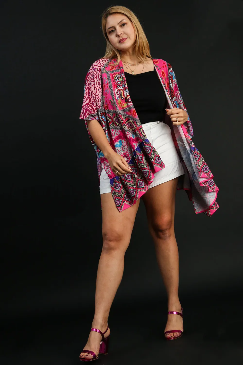 Full Size Mixed Print Ruffle Hem Open Front Cover Up Plus Size, image 5