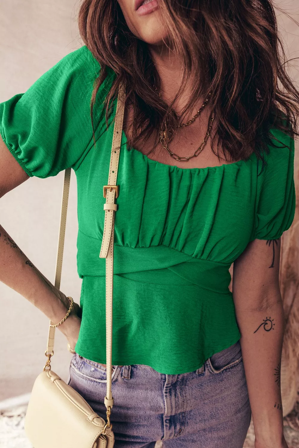 Solid Color Ruched Crossed Waist Tied Back Short Sleeve Peplum Top, image 5