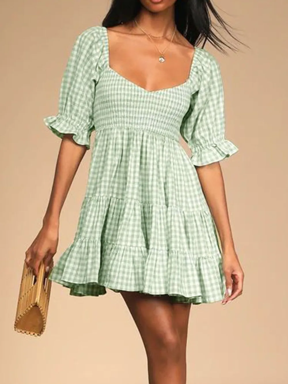 Ruffled Hem Plaid Half Sleeve Mini Dress, image 7