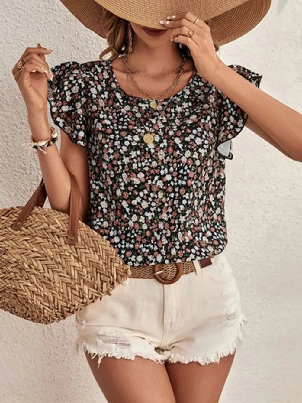 Ditsy Floral Round Neck Cap Sleeve Top, image 9