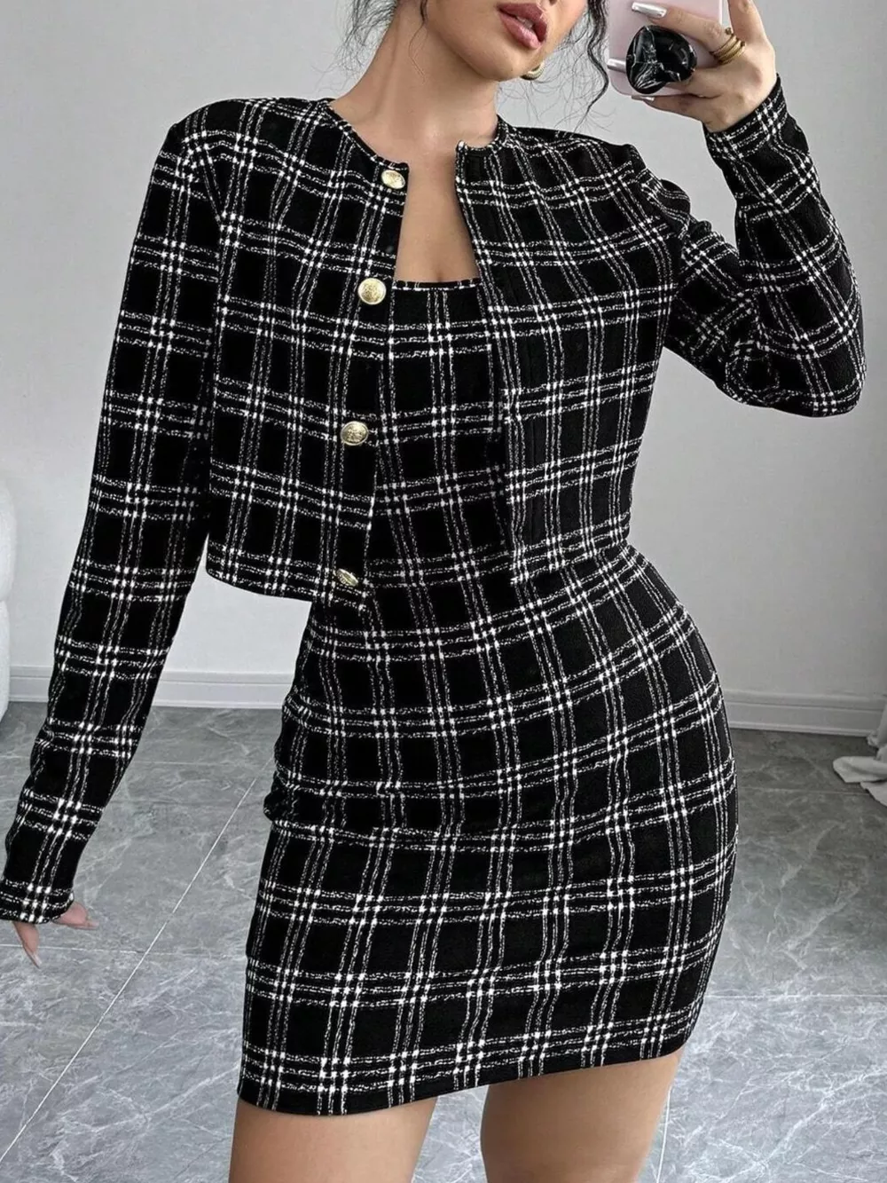 Plaid Tweed Crop Outerwear and Bodycon Mini Dress Two-Piece Set, image 2