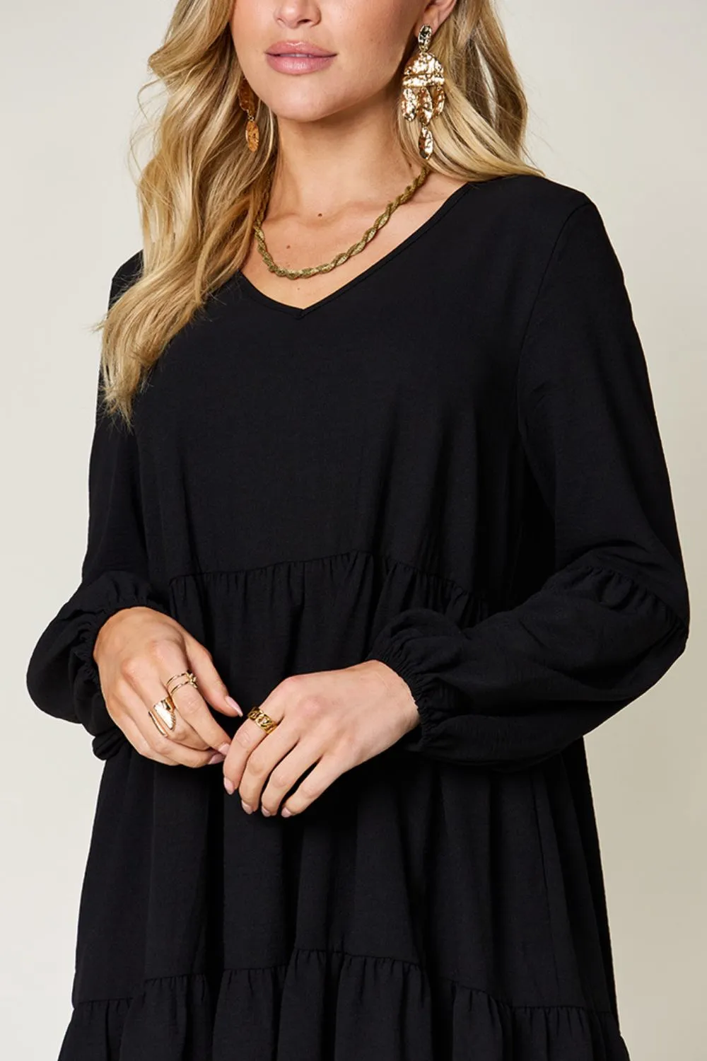Full Size V-Neck Balloon Sleeve Tiered Dress with Pockets, image 27