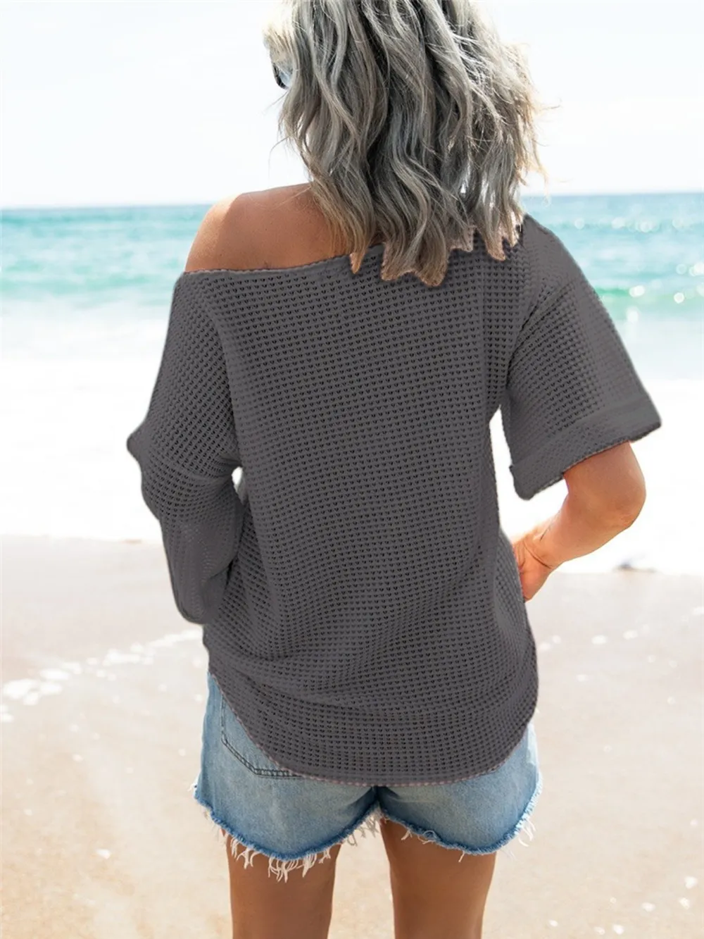 Waffle Knit Boat Neck Half Sleeve T-Shirt, image 5