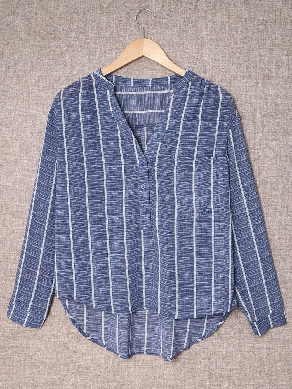 Striped Print V Neck Half Buttons Loose Blouse, image 11
