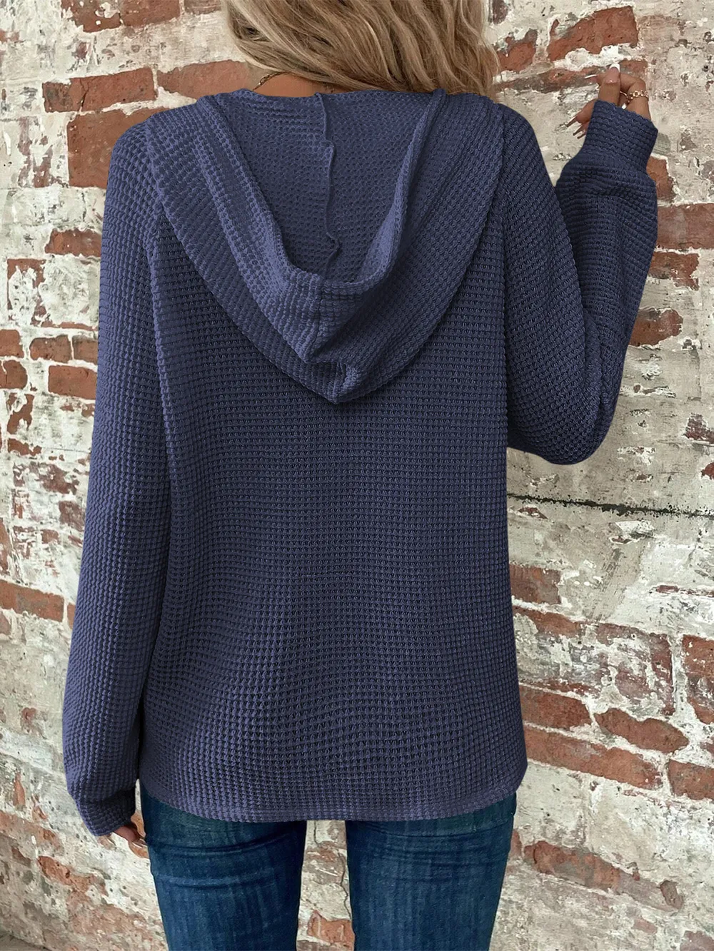 Waffle Knit Long Sleeve Drawstring Hooded Top, image 8