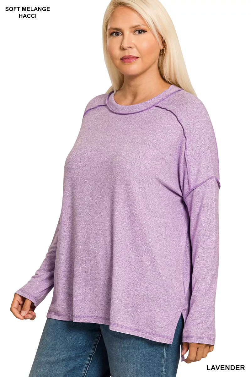 Full Size Melange Hacci Exposed Seam Hi-low Tee Plus Size, image 3
