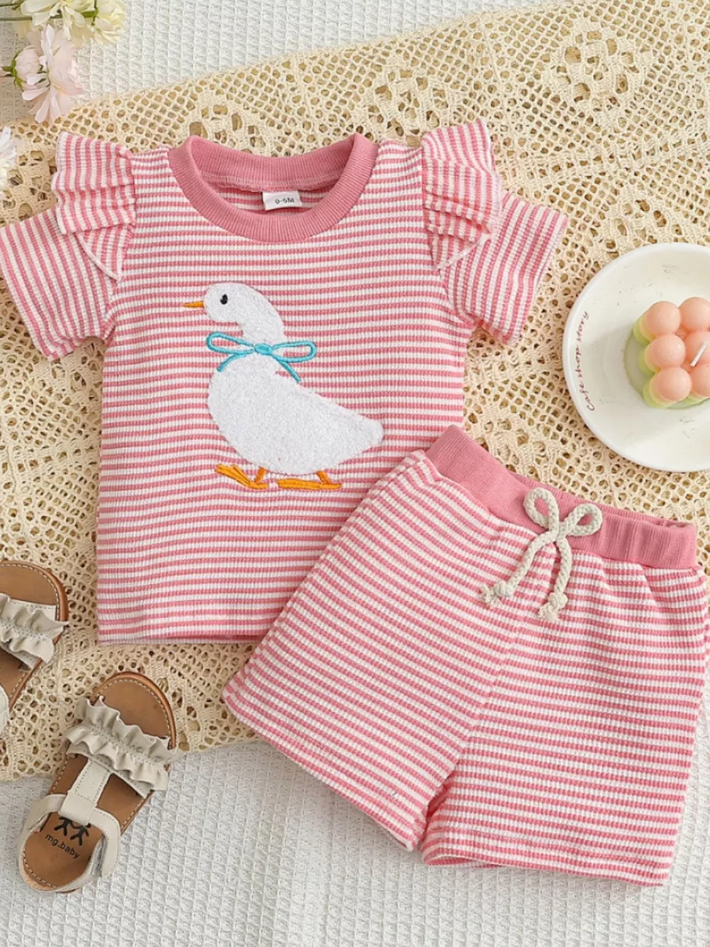Children's Duck Embroidered Ruffle Sleeve Striped Top and Shorts Set