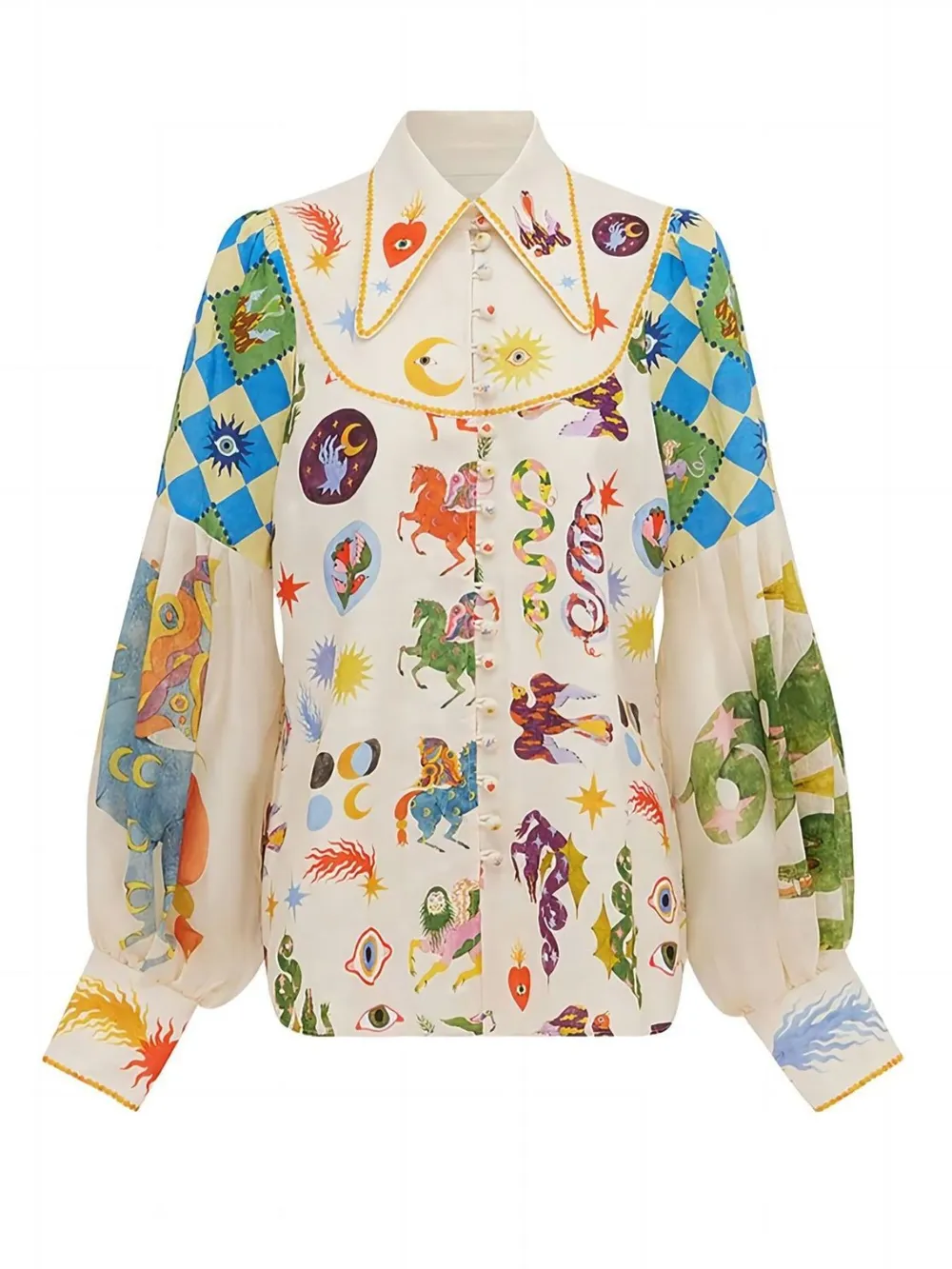 Printed Button Up Lantern Sleeve Shirt, image 5