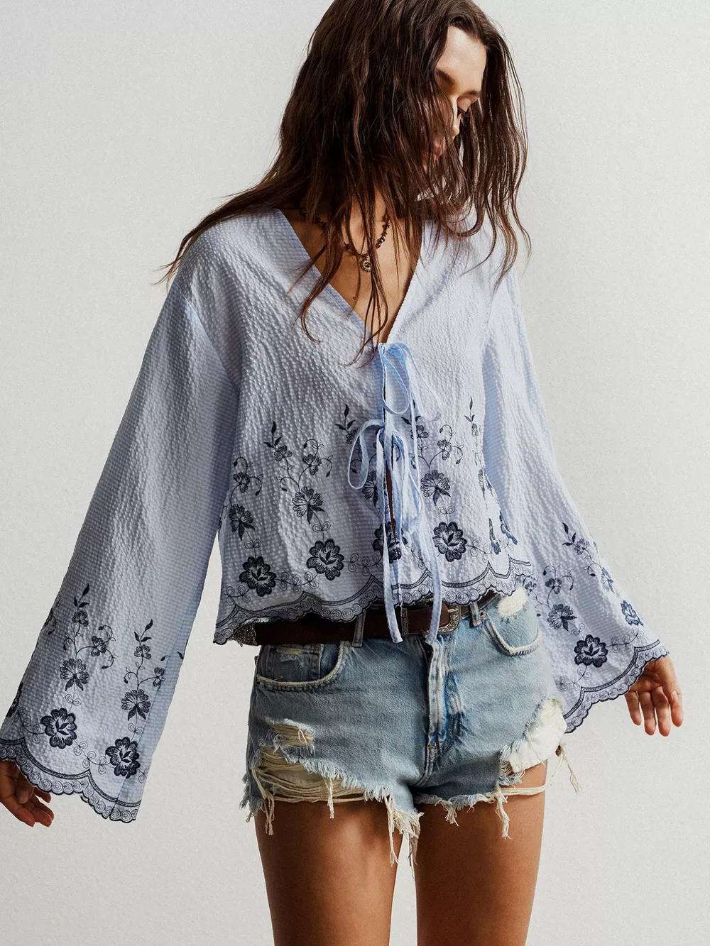 Floral Embroidered Tie-Front Blouse, image 9