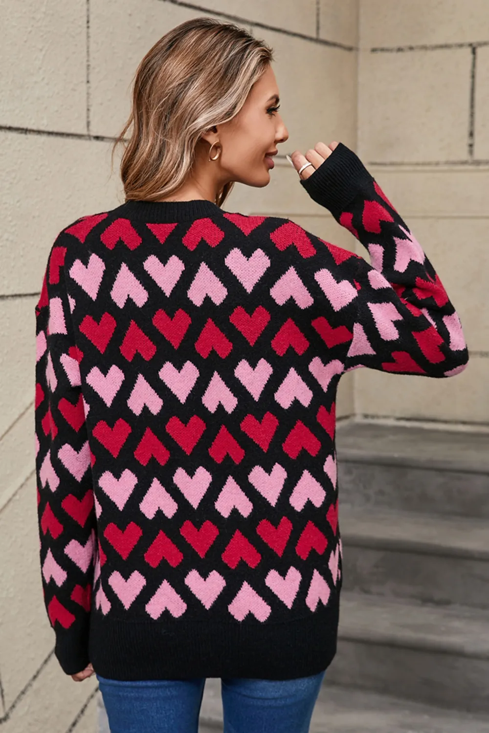 Contrast Heart Round Neck Sweater, image 2