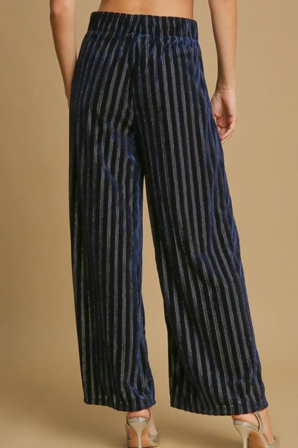 Full Size Elastic Waist Striped Wide Leg Velvet Pants, image 2
