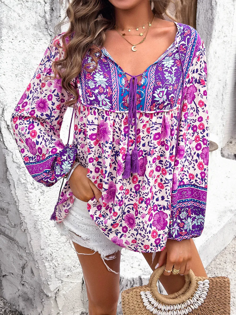 Printed Tie Neck Long Sleeve Blouse, image 7