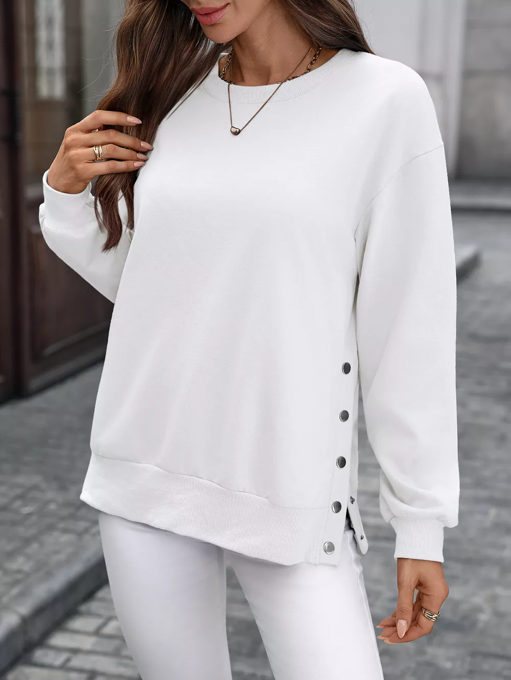 Side Snap Round Neck Sweatshirt, image 26